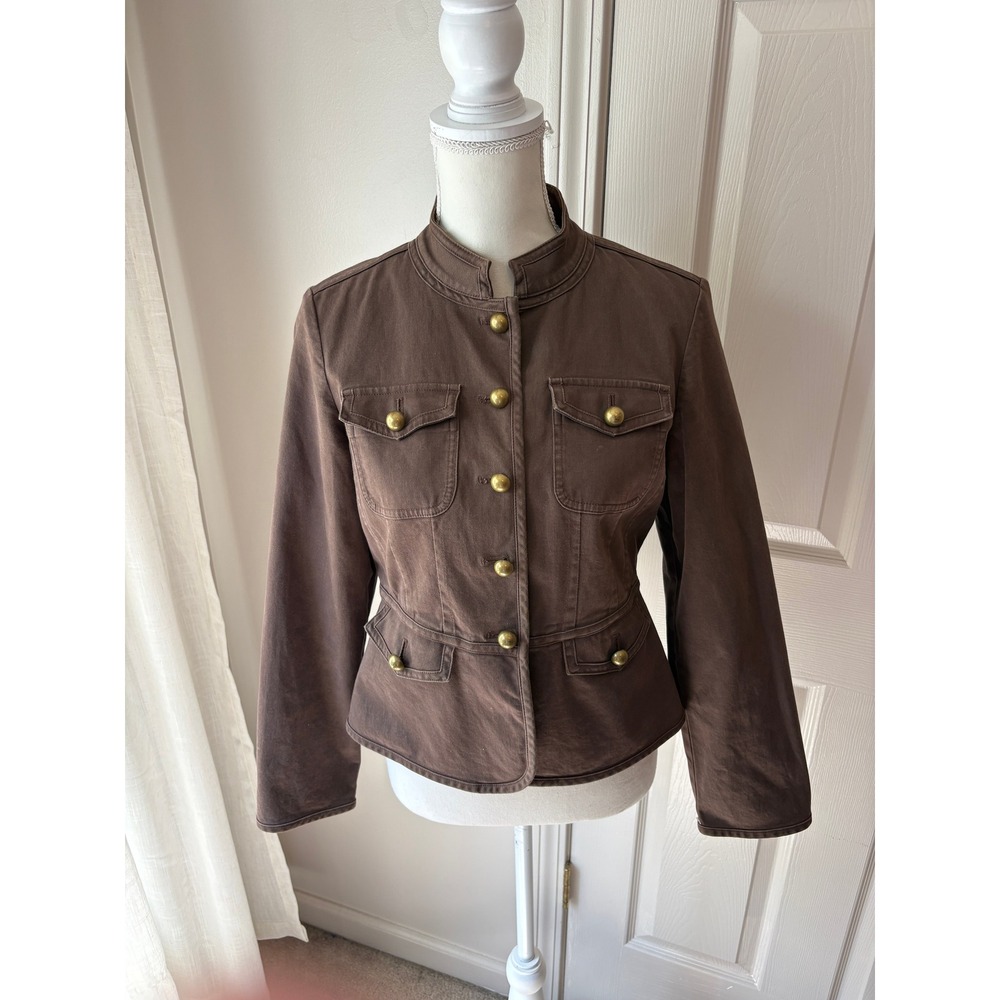 Chocolate Brown Military Utility Jacket Brass Buttons Size 4P VTG Talbots